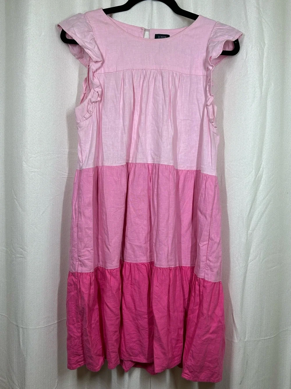 J. Crew Pink Ombré Tiered Ruffle Sleeve Linen Blend Dress Mini Size 6 Pink